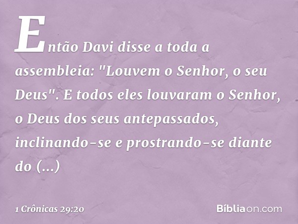 Então Davi disse a toda a assembleia: "Louvem o Senhor, o seu Deus". E todos eles louvaram o Senhor, o Deus dos seus antepassados, inclinando-se e prostrando-se