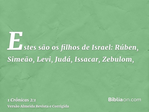 Estes são os filhos de Israel: Rúben, Simeão, Levi, Judá, Issacar, Zebulom,