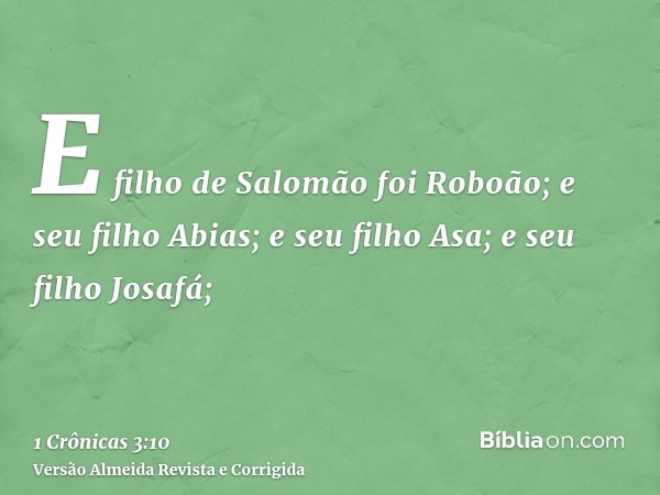 E filho de Salomão foi Roboão; e seu filho Abias; e seu filho Asa; e seu filho Josafá;