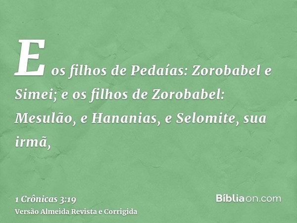 E os filhos de Pedaías: Zorobabel e Simei; e os filhos de Zorobabel: Mesulão, e Hananias, e Selomite, sua irmã,