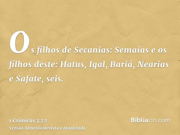 Os filhos de Secanias: Semaías e os filhos deste: Hatus, Igal, Bariá, Nearias e Safate, seis.