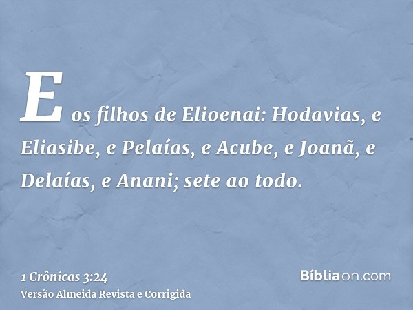 E os filhos de Elioenai: Hodavias, e Eliasibe, e Pelaías, e Acube, e Joanã, e Delaías, e Anani; sete ao todo.