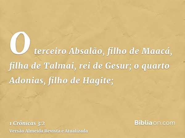 O terceiro Absalão, filho de Maacá, filha de Talmai, rei de Gesur; o quarto Adonias, filho de Hagite;