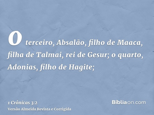 o terceiro, Absalão, filho de Maaca, filha de Talmai, rei de Gesur; o quarto, Adonias, filho de Hagite;