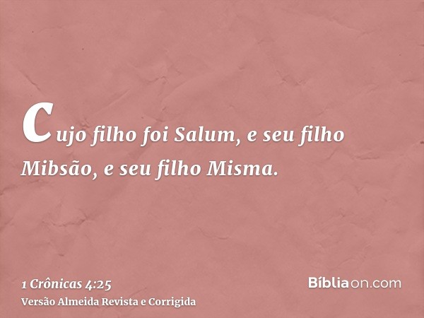 cujo filho foi Salum, e seu filho Mibsão, e seu filho Misma.