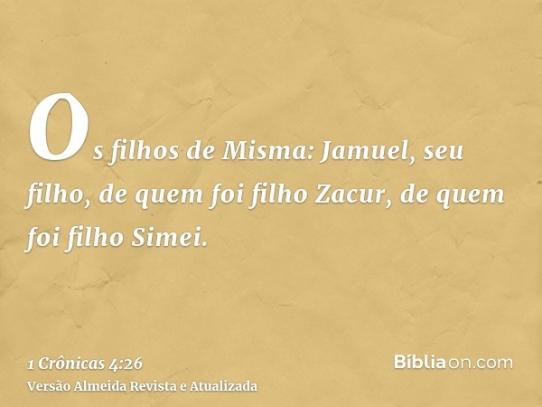 Os filhos de Misma: Jamuel, seu filho, de quem foi filho Zacur, de quem foi filho Simei.