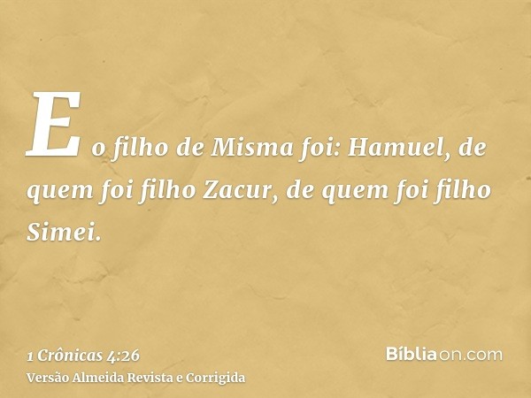 E o filho de Misma foi: Hamuel, de quem foi filho Zacur, de quem foi filho Simei.