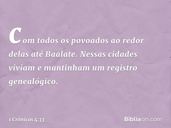 com todos os povoados ao redor delas até Baalate. Nessas cidades viviam e mantinham um registro genealógico. -- 1 Crônicas 4:33