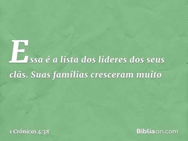 Essa é a lista dos líderes dos seus clãs. Suas famílias cresceram muito -- 1 Crônicas 4:38