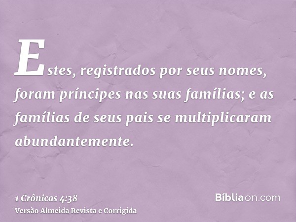 Estes, registrados por seus nomes, foram príncipes nas suas famílias; e as famílias de seus pais se multiplicaram abundantemente.