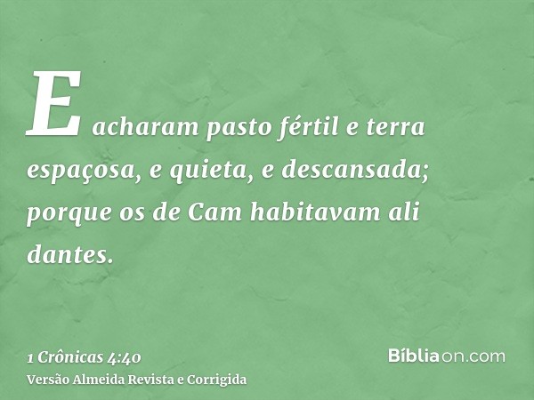 E acharam pasto fértil e terra espaçosa, e quieta, e descansada; porque os de Cam habitavam ali dantes.