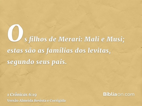 Os filhos de Merari: Mali e Musi; estas são as famílias dos levitas, segundo seus pais.