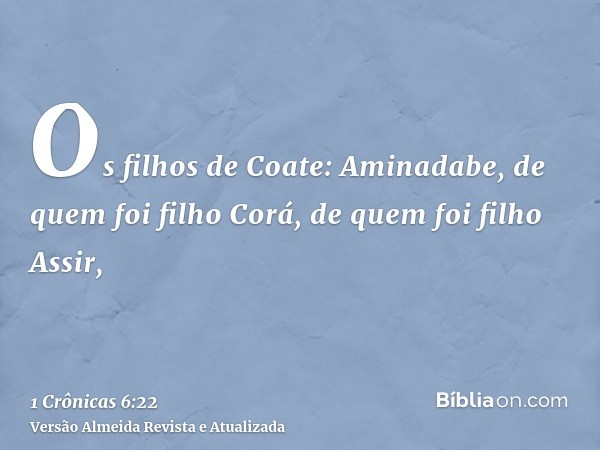 Os filhos de Coate: Aminadabe, de quem foi filho Corá, de quem foi filho Assir,