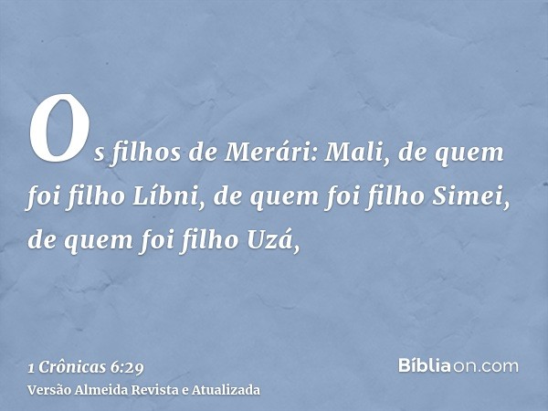 Os filhos de Merári: Mali, de quem foi filho Líbni, de quem foi filho Simei, de quem foi filho Uzá,