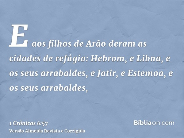 E aos filhos de Arão deram as cidades de refúgio: Hebrom, e Libna, e os seus arrabaldes, e Jatir, e Estemoa, e os seus arrabaldes,