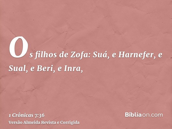 Os filhos de Zofa: Suá, e Harnefer, e Sual, e Beri, e Inra,