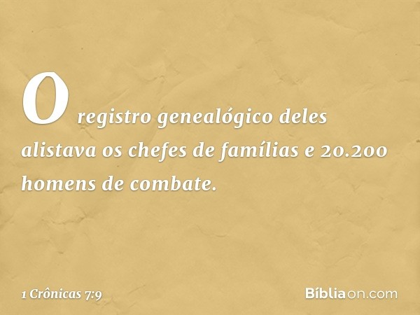 O registro genealógico deles alistava os chefes de famílias e 20.200 homens de combate. -- 1 Crônicas 7:9