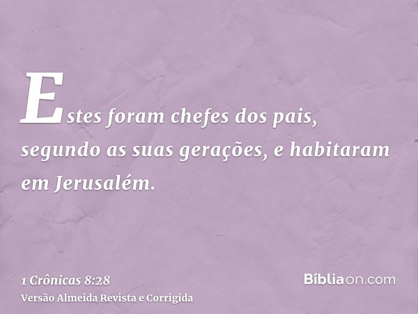 Estes foram chefes dos pais, segundo as suas gerações, e habitaram em Jerusalém.