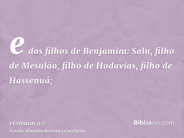 e dos filhos de Benjamim: Salu, filho de Mesulão, filho de Hodavias, filho de Hassenuá;