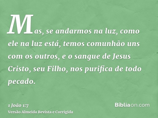 Mas, se andarmos na luz, como ele na luz está, temos comunhão uns com os outros, e o sangue de Jesus Cristo, seu Filho, nos purifica de todo pecado.