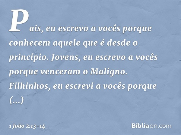 Pais, eu escrevo a vocês
porque conhecem
aquele que é desde o princípio.
Jovens, eu escrevo a vocês
porque venceram o Maligno. Filhinhos, eu escrevi a vocês
por