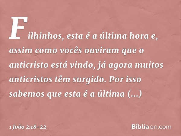 Filhinhos, esta é a última hora e, assim como vocês ouviram que o anticristo está vindo, já agora muitos anticristos têm surgido. Por isso sabemos que esta é a