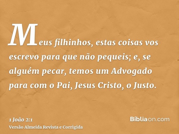 Meus filhinhos, estas coisas vos escrevo para que não pequeis; e, se alguém pecar, temos um Advogado para com o Pai, Jesus Cristo, o Justo.
