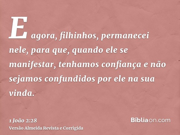 E agora, filhinhos, permanecei nele, para que, quando ele se manifestar, tenhamos confiança e não sejamos confundidos por ele na sua vinda.