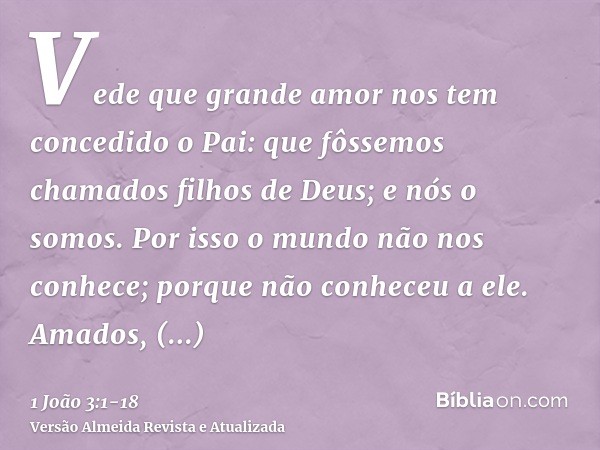 Vede que grande amor nos tem concedido o Pai: que fôssemos chamados filhos de Deus; e nós o somos. Por isso o mundo não nos conhece; porque não conheceu a ele.A