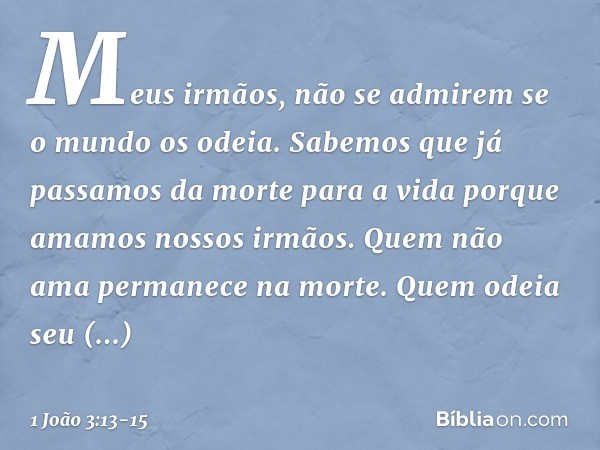 Meus irmãos, não se admirem se o mundo os odeia. Sabemos que já passamos da morte para a vida porque amamos nossos irmãos. Quem não ama permanece na morte. Quem