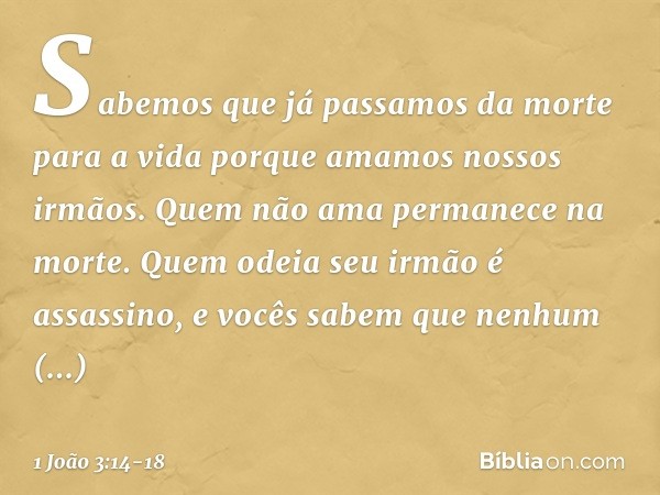 Sabemos que já passamos da morte para a vida porque amamos nossos irmãos. Quem não ama permanece na morte. Quem odeia seu irmão é assassino, e vocês sabem que n