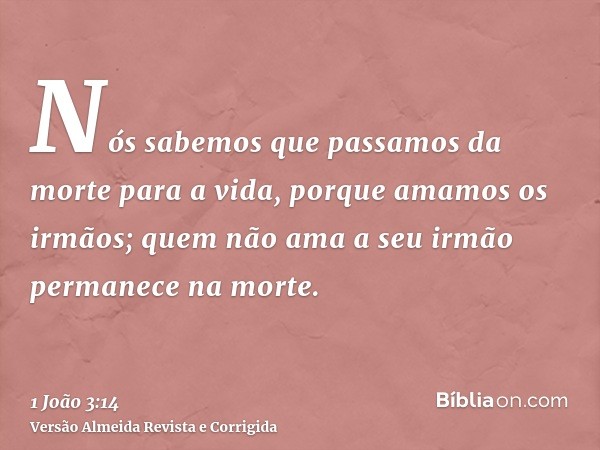 Nós sabemos que passamos da morte para a vida, porque amamos os irmãos; quem não ama a seu irmão permanece na morte.