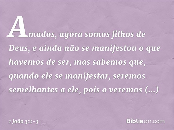 Amados, agora somos filhos de Deus, e ainda não se manifestou o que havemos de ser, mas sabemos que, quando ele se manifestar, seremos semelhantes a ele, pois o