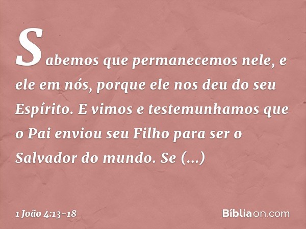 Sabemos que permanecemos nele, e ele em nós, porque ele nos deu do seu Espírito. E vimos e testemunhamos que o Pai enviou seu Filho para ser o Salvador do mundo