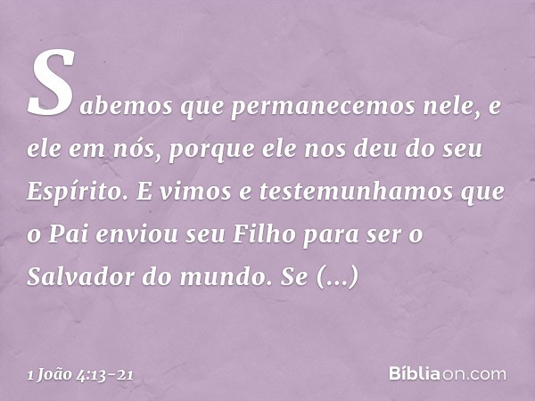 Sabemos que permanecemos nele, e ele em nós, porque ele nos deu do seu Espírito. E vimos e testemunhamos que o Pai enviou seu Filho para ser o Salvador do mundo