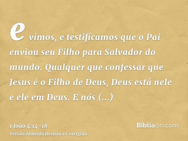 e vimos, e testificamos que o Pai enviou seu Filho para Salvador do mundo.Qualquer que confessar que Jesus é o Filho de Deus, Deus está nele e ele em Deus.E nós