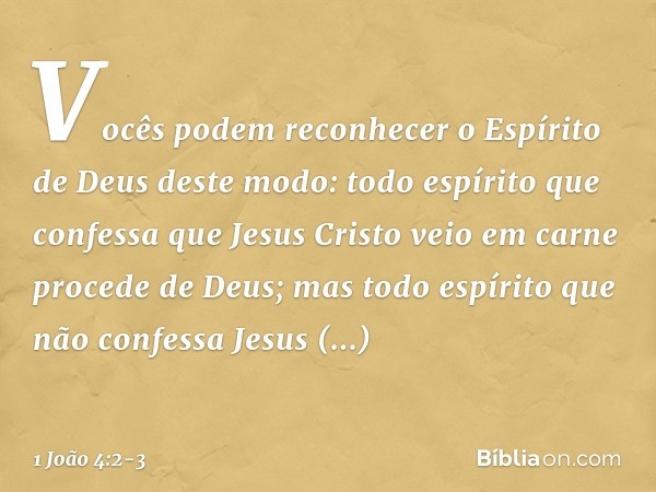 Vocês podem reconhecer o Espírito de Deus deste modo: todo espírito que confessa que Jesus Cristo veio em carne procede de Deus; mas todo espírito que não confe