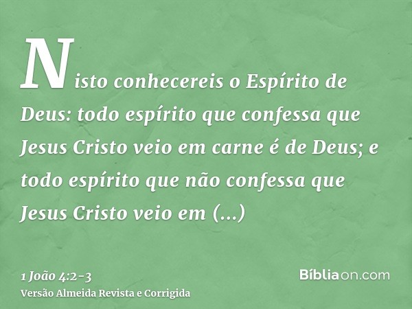 Nisto conhecereis o Espírito de Deus: todo espírito que confessa que Jesus Cristo veio em carne é de Deus;e todo espírito que não confessa que Jesus Cristo veio