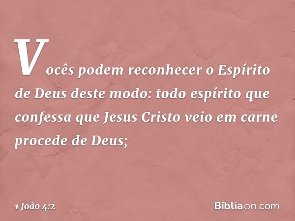 Vocês podem reconhecer o Espírito de Deus deste modo: todo espírito que confessa que Jesus Cristo veio em carne procede de Deus; -- 1 João 4:2