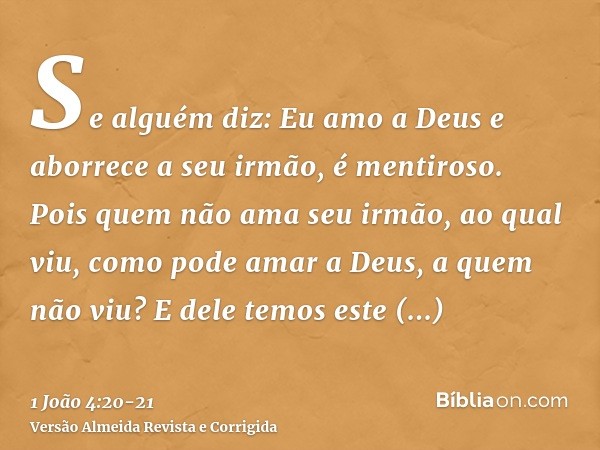 Se alguém diz: Eu amo a Deus e aborrece a seu irmão, é mentiroso. Pois quem não ama seu irmão, ao qual viu, como pode amar a Deus, a quem não viu?E dele temos e