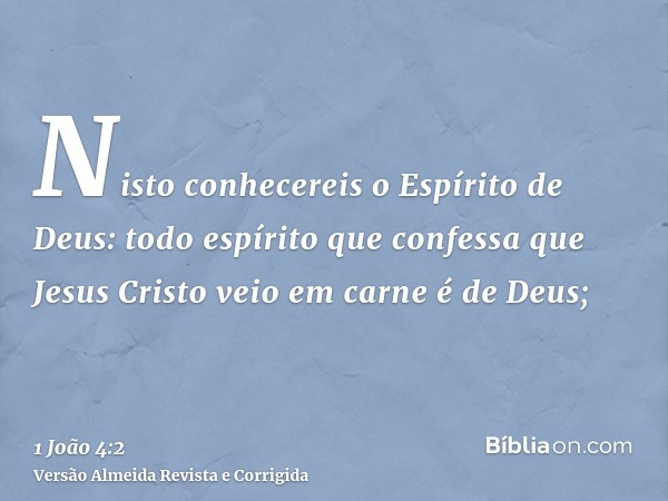 Nisto conhecereis o Espírito de Deus: todo espírito que confessa que Jesus Cristo veio em carne é de Deus;