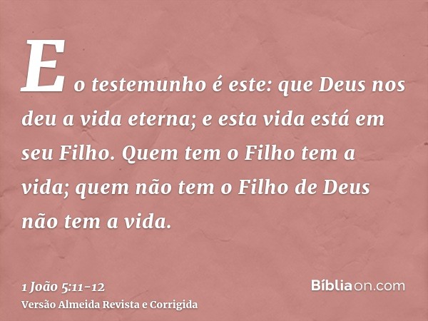 E o testemunho é este: que Deus nos deu a vida eterna; e esta vida está em seu Filho.Quem tem o Filho tem a vida; quem não tem o Filho de Deus não tem a vida.