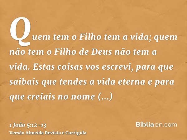 Quem tem o Filho tem a vida; quem não tem o Filho de Deus não tem a vida.Estas coisas vos escrevi, para que saibais que tendes a vida eterna e para que creiais 