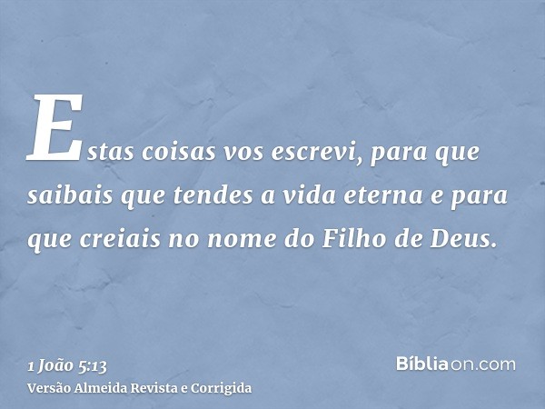 Estas coisas vos escrevi, para que saibais que tendes a vida eterna e para que creiais no nome do Filho de Deus.