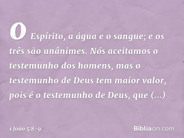 o Espírito, a água e o sangue; e os três são unânimes. Nós aceitamos o testemunho dos homens, mas o testemunho de Deus tem maior valor, pois é o testemunho de D
