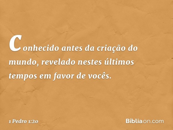 conhecido antes da criação do mundo, revelado nestes últimos tempos em favor de vocês. -- 1 Pedro 1:20