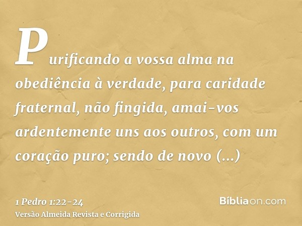 Purificando a vossa alma na obediência à verdade, para caridade fraternal, não fingida, amai-vos ardentemente uns aos outros, com um coração puro;sendo de novo 