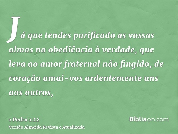 Já que tendes purificado as vossas almas na obediência à verdade, que leva ao amor fraternal não fingido, de coração amai-vos ardentemente uns aos outros,