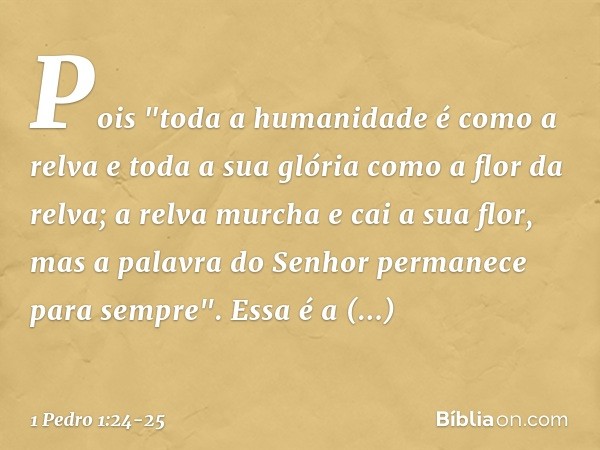 Pois
"toda a humanidade
é como a relva
e toda a sua glória
como a flor da relva;
a relva murcha e cai a sua flor, mas a palavra do Senhor
permanece para sempre"