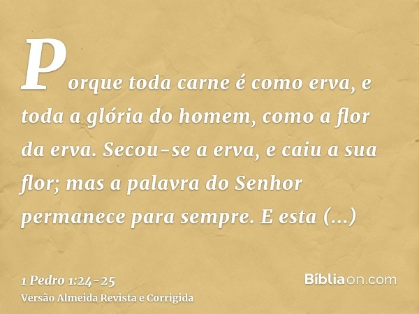 Porque toda carne é como erva, e toda a glória do homem, como a flor da erva. Secou-se a erva, e caiu a sua flor;mas a palavra do Senhor permanece para sempre. 